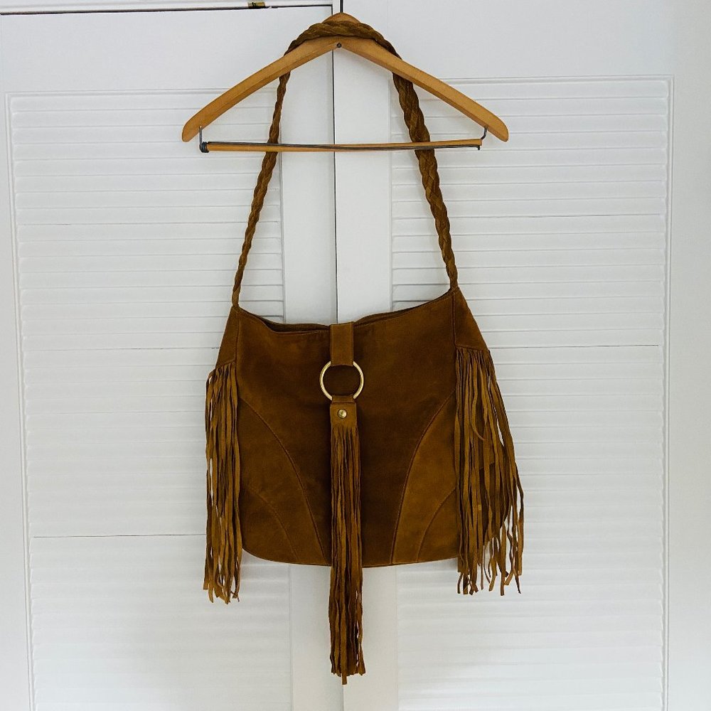 JJ Winters Braided Strap Messenger Bag with Tassel Details